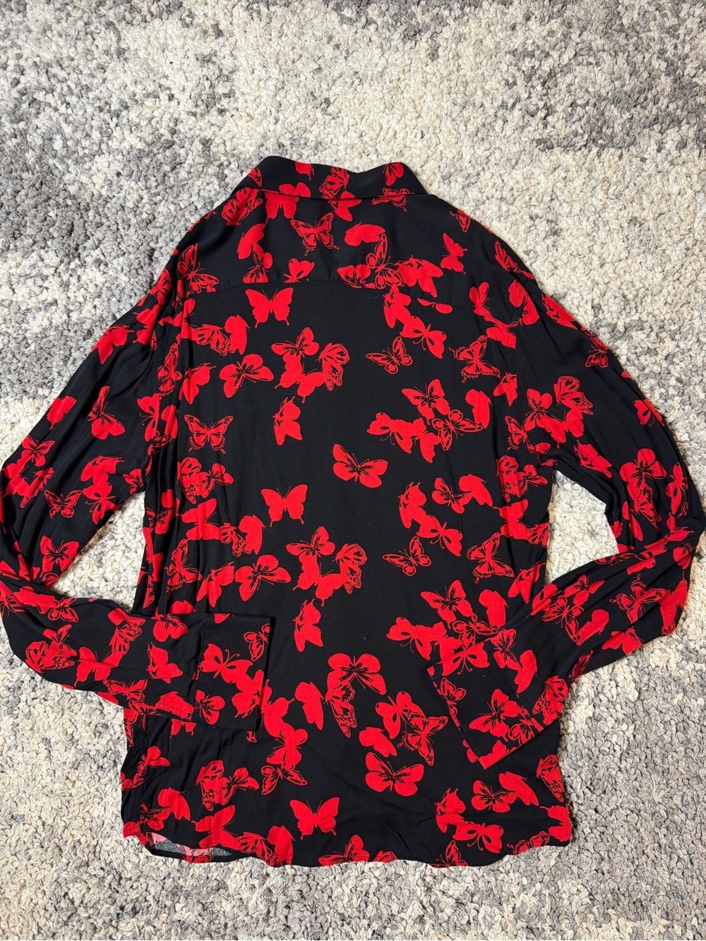 Fashion Nova, Men’s Black Long Sleeve Button-Down Shirt with Red Butterfly Print - Picture 6 of 6